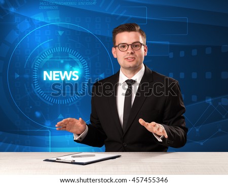 Modern televison presenter telling the news with tehnology background concept