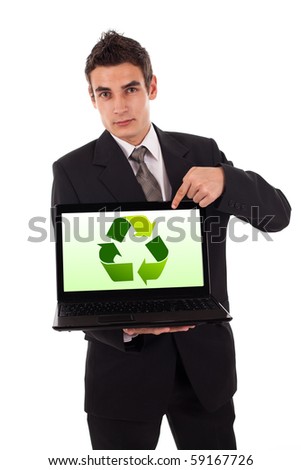 Business man pointing at a recycle sign in a laptop