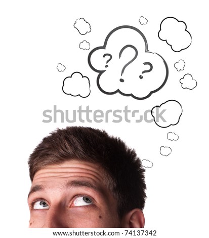 stock photo : Young white Caucasian male adult has way too many questions in his head