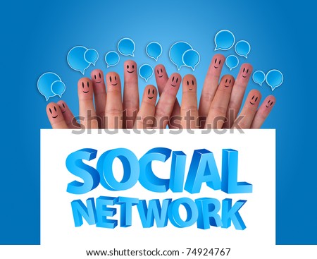 Happy group of finger smileys holding whiteboard with social network sign