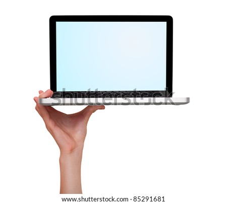 male hand holding a laptop, isolated on white