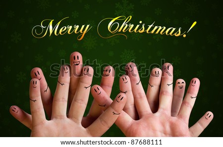 Merry christmas happy finger group with smiley faces