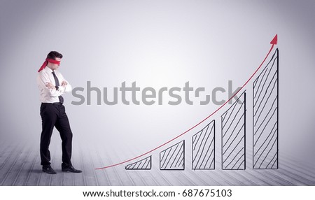 A young male office worker trying to find the right solution to develop a growing market concept with drawn exponential arrow.