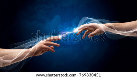 Two male arms reaching for each other, with a smoking electric current connecting their fingers in empty space background concept