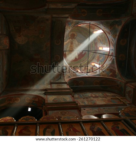 Borovsk, Russia - May 10, 2009: God\'s light in the Cathedral of the Nativity of the Virgin Mary (Mother of God) in Pafnutyev Borovsky monastery, Borovsk, Kaluga region, Russia.