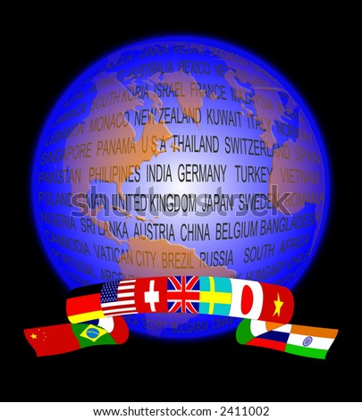 An abstract of globe showing a banner of flags including China,Brazil,Italy.Germany,USA,switzerland,England,Sweden, Japan,Vietnam,russia and India