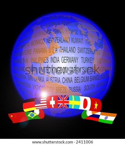 An abstract of globe showing a banner of flags inculding China,Brazil,Italy.Germany,USA,switzerland,England,Sweden, Japan,Vietnam,russia and India