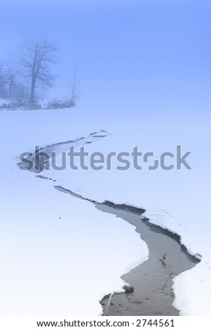 Stream flowing over a Frozen lake during Winter time