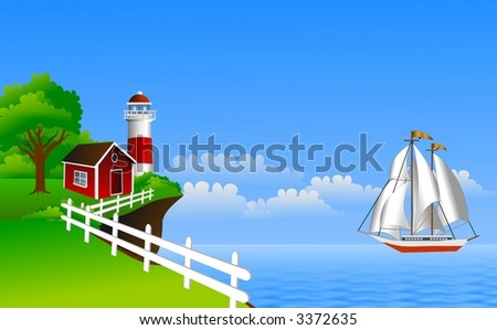 light house on a cliff guiding ship