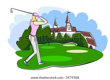 woman playing golf on golf course illustration
