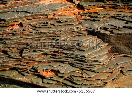 Layered rocks contains copper ore at copper harbor