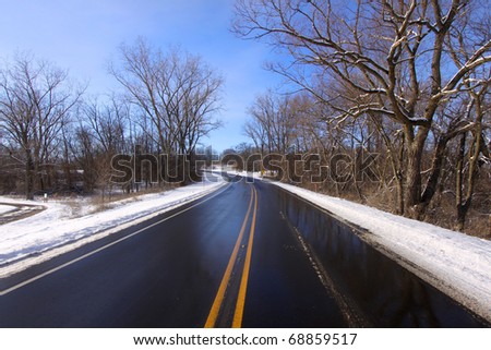 Scenic drive through a state park in Michigan in winter time