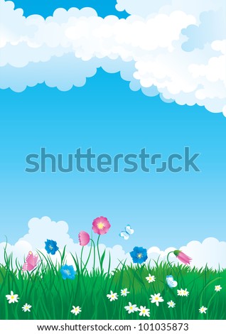 Green summer. Vector illustration of summer landscape with many flowers on green grass and blue sky with fluffy clouds