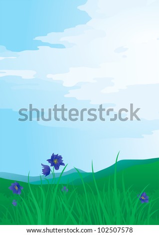 Mountains landscape. Vector background c mountains landscape and meadows with flowers