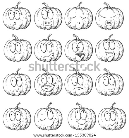 Set of pumpkin. Hand drawn sketch of many  various emotions in the form of pumpkin