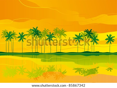 Tropical dreams. Horizontal vector   landscape with tropical sunsets.