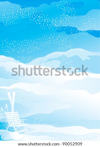 Vector winter snow landscape. Snowflakes, ski and deck chair on vector winter snow landscape