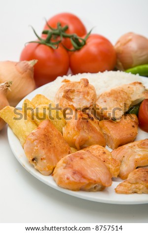 turkish style chicken fillet kebab with rice and salads