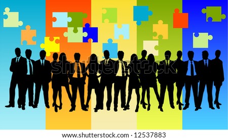 business concept with business people vector silhouttes and vector puzzle shapes