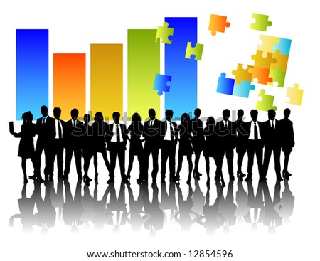 business concept with business people vector silhouttes and vector puzzle shapes