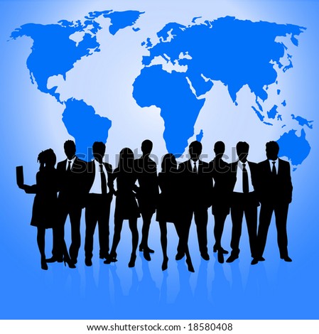 business communications concept with world map vector and business people vector silhoeuttes