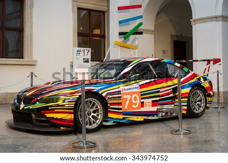 WARSAW, POLAND - OCTOBER 16: BMW M3 GT2 Art Car by Jeff Koons, 2010 at BMW Art Car Collection exhibition in the Center of Contemporary Art in Ujazdowski Castle, Warsaw on October 16, 2014 in Poland.