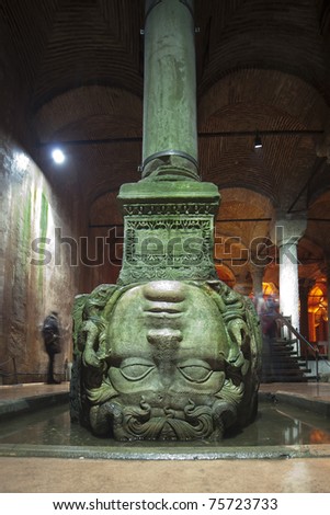 Medusa haed in The Basilica Cistern. Istanbul, Turkey.