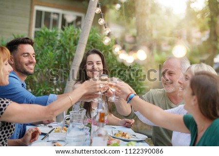 Friends cheering with wine at barbecue dinner