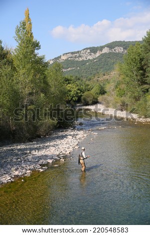 Upper view of fly fisherman fly-fishing in river