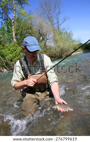 Fisherman in river catching brown trout