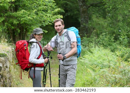 Hikers standing in forest track with backpacks
