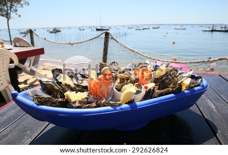 Closeup of seafood platter set on restaurant table