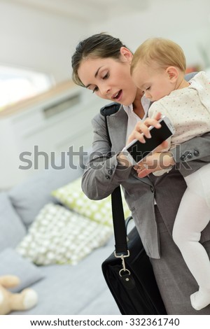Busy businesswoman running late for work in the morning
