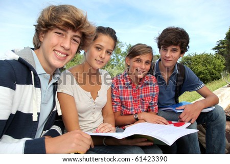 Group of teenagers studying outside the class