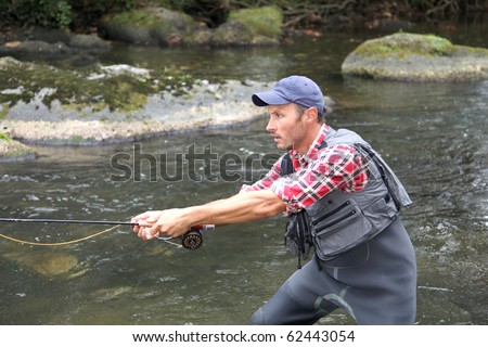 Fisherman in river with fly fishing line