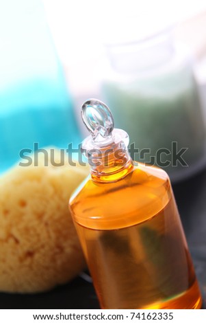 Closeup of massage oil bottle