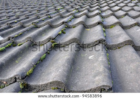 Dark grey tiled roof with moss