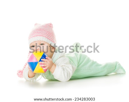 cheerful baby six months old, white background