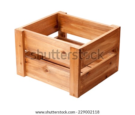 An open ended small wooden crate. The construction of this container shows gaps between the planks or slats and is typically used to display or store items. The wood is stained dark.