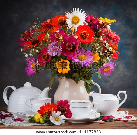 Autumn bouquet flower and tea