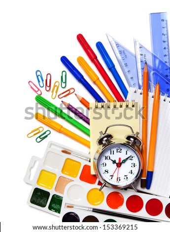 Back to School. Alarm clock, notepad, pencils, markers and rulers