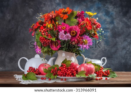 Autumn bouquet flower and tea. Food concept.