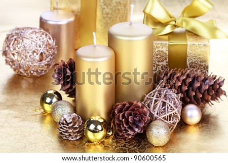 Christmas gift box, candle with christmas balls