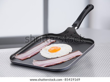 Skillet with bacon and egg on kitchen counter top