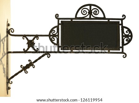Old metal (store) sign with empty space for text, isolated on white.