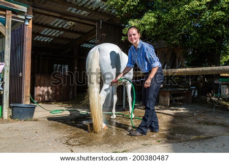 young woman is cleaning a white horse