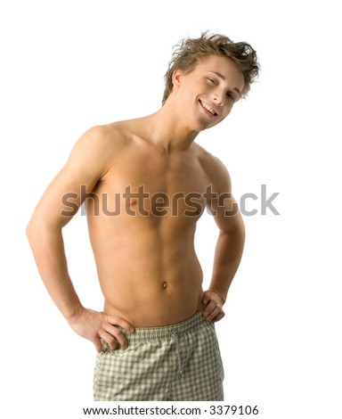 stock photo Joyful guy with beautiful body posing topless