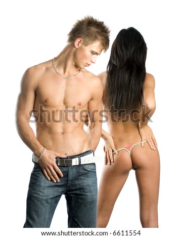 stock photo Young teen couple posing topless over white background