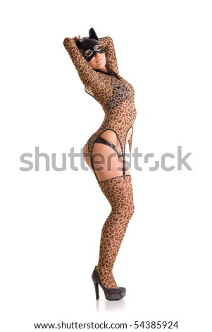 stock photo : Sexy go go dancer wearing catwoman costume and mask