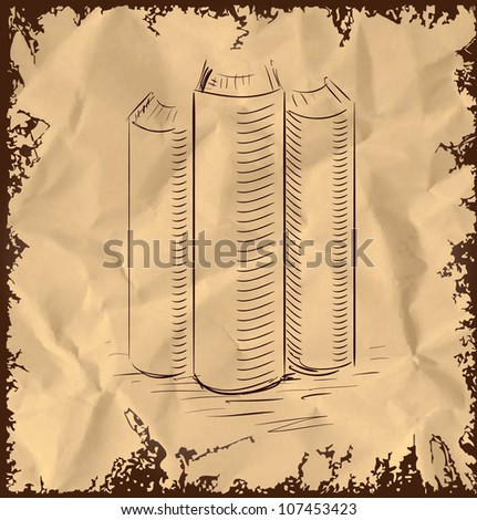 Three books isolated on vintage background. Hand drawing sketch vector illustration